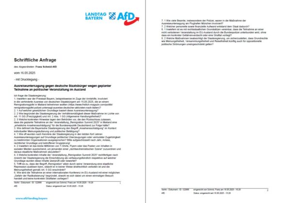 Franz Schmid: DDR-Methoden gegen kritische Bürger – Behörden verhindern Ausreise zu politisch unerwünschtem Kongress in Italien 1 Schriftliche Anfrage Franz Schmid Ausreiseuntersagung